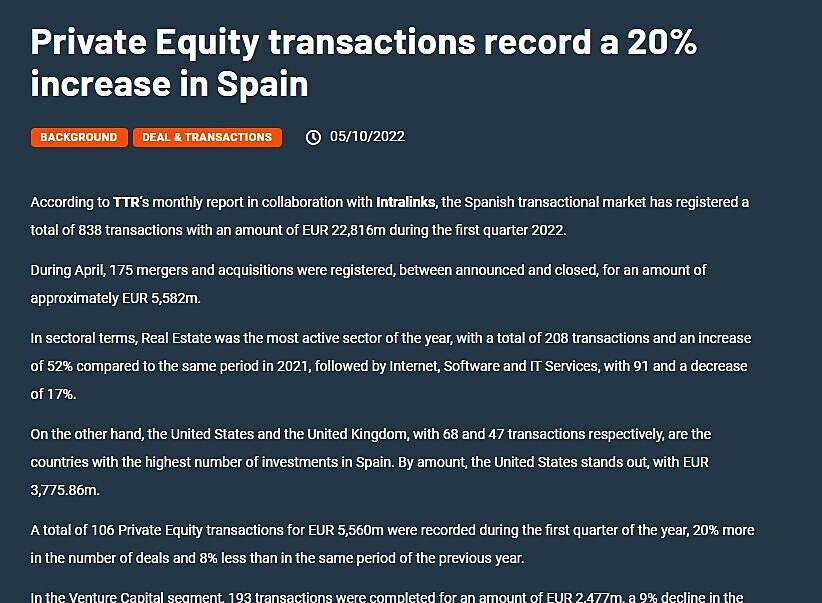 Private Equity transactions record a 20% increase in Spain